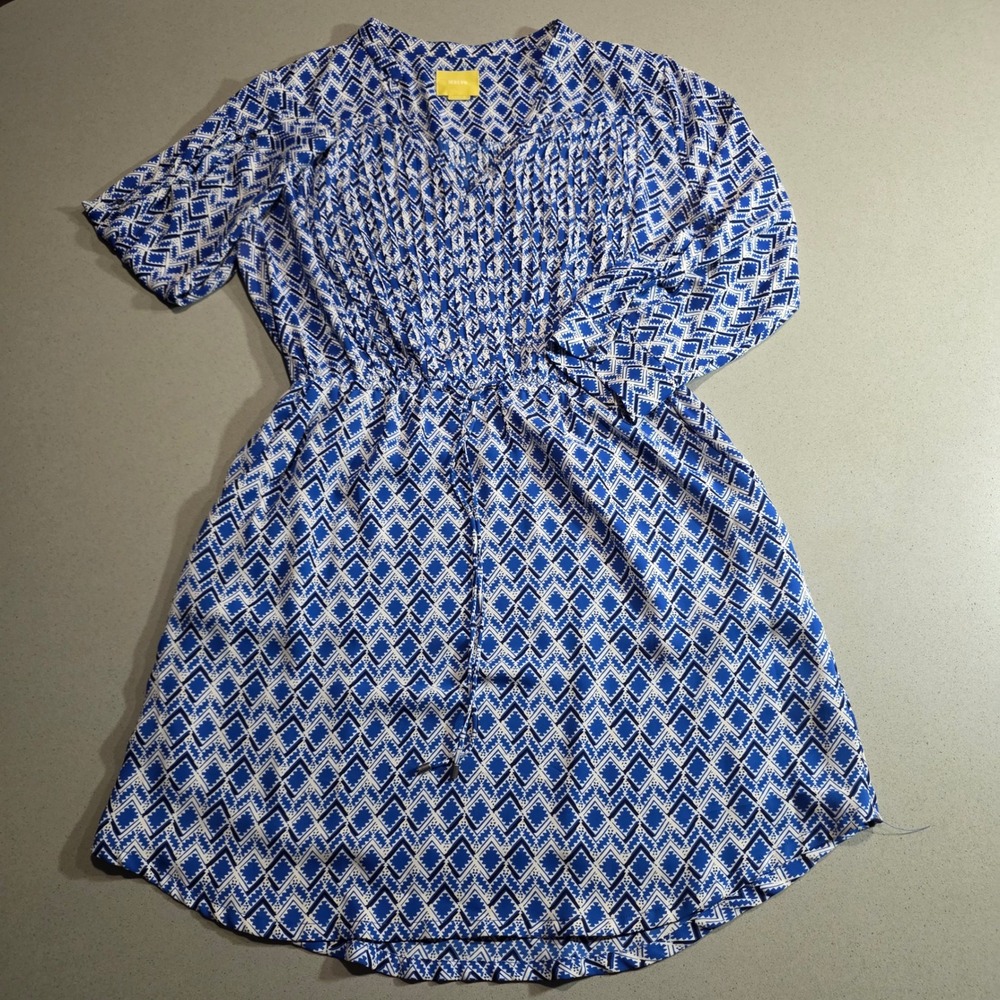 Maeve Anthropologie Blue White Geometric Pintuck Waist Mini Dress Medium